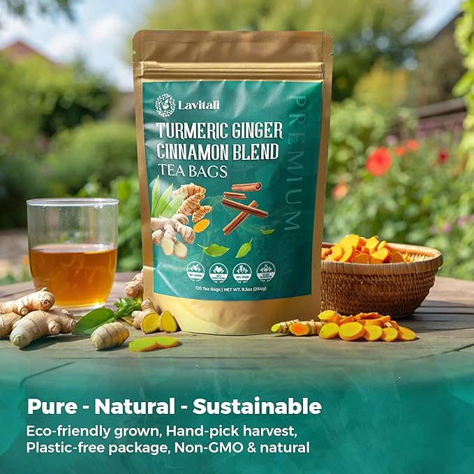Lavitali, Ginger Turmeric Cinnamon Tea | 60 bags, 100% Pure Herbal Tea | Caffeine-Free, No Sugar, Eco-Friendly Filter Bag | Daily Natural Botanical, Hot or Iced Herbal Infusion