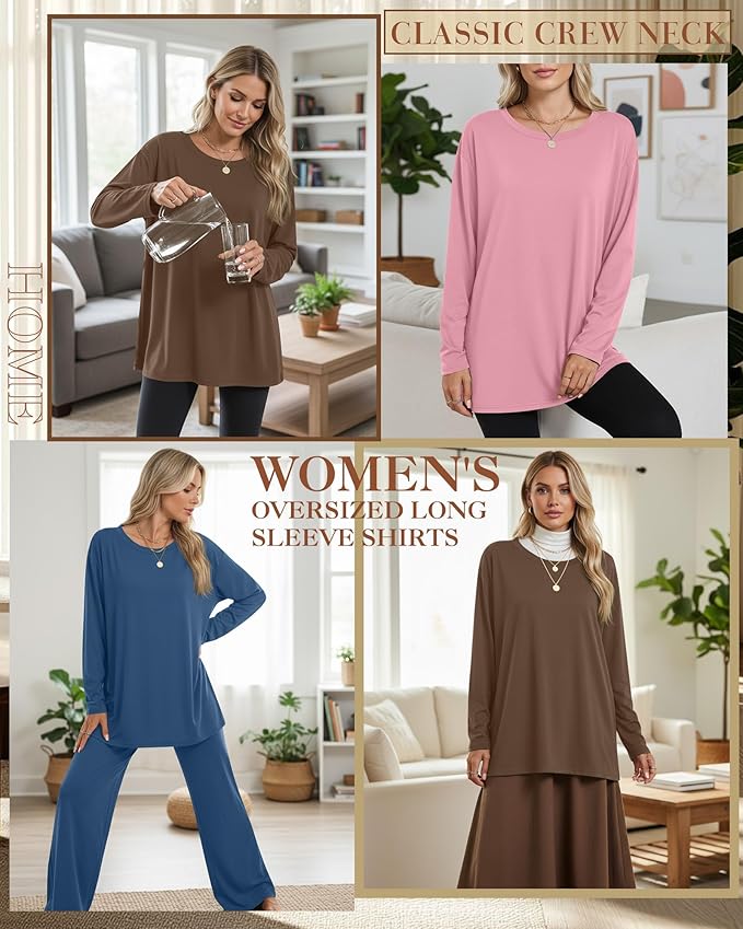 Ficerd 3 Pack Women's Oversized Long Sleeve Shirts Cotton Gym Round Neck Tops Loose Fit Casual Workout Baggy Fall Basic Tee