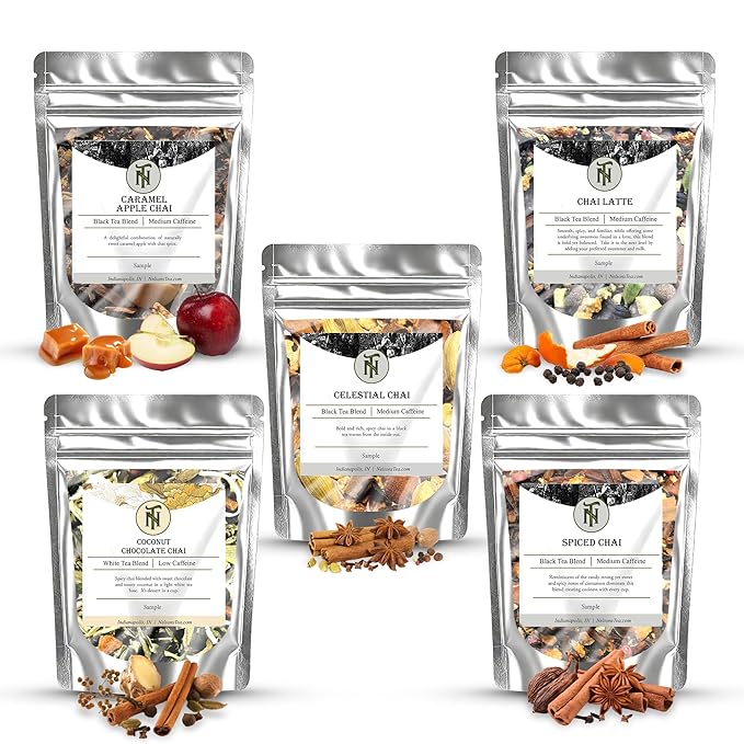 Nelson's Tea Chai Sampler Pack - 5 Flavors Variety Pack - Loose Leaf Tea Sampler - Caramel AppleChai, Celestial Chai, Chai Latte, Coconut ChocolateChai, Spiced Chai - Sample Sizes