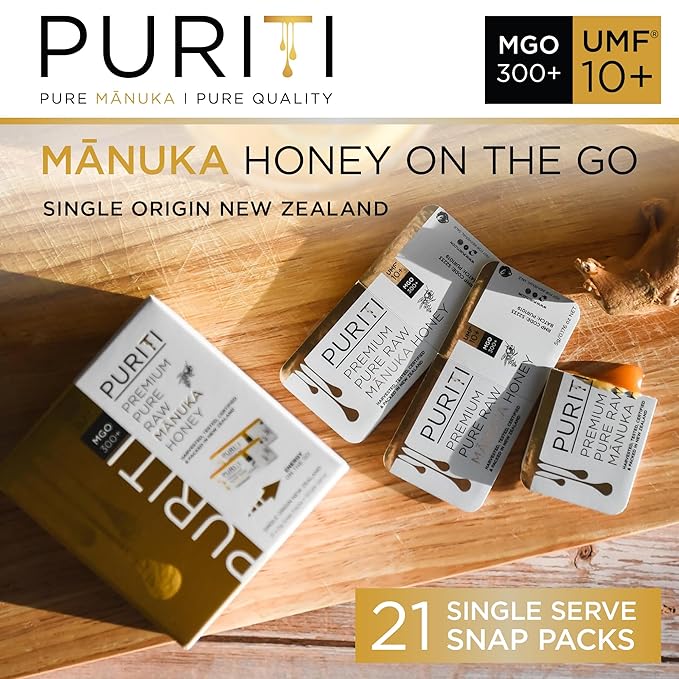 PURITI Genuine Raw Manuka Honey Snaps On The Go - UMF 10+ (MGO300+) 21 x 0.18oz Individual Snap Packets, Single Serve Honey Sticks for Tea, Travel & Snacks, Certified, Authentic Made in New Zealand