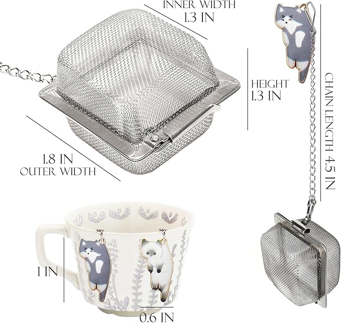 Cat Tea Infuser Set, 2 PCS Cube Tea Strainer for Loose Tea, Cute Cat Charm Pendant Tea Steeper, Stainless Steel Mesh Tea Diffuser for Extraction (White & Gray)
