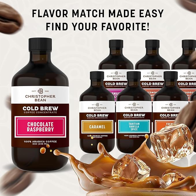 Christopher Bean Hand Crafted Chocolate Raspberry Flavored Coffee - Certified Kosher - Unsweetened Cold Brew & Iced Instant Coffee Distillate Liquid Java - Extract 100% Arabica, (8-Ounce), 236 ml