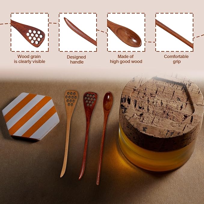 3 Pack Wooden Honey Mixing Stirrer Honey Dipper Sticks Honey Spoon, Wooden Honey Spoon and Dipper, Honey Sticks for Tea Spoons, Coffee Stirring Spoons, Honey Stirrers and Jar