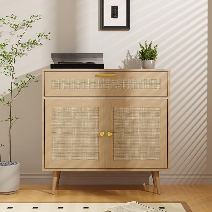 Rattan Sideboard Buffet, Boho Kitchen Cabinet with Drawer & 2 Doors, Modern Mid Century Accent Cabinet with Adjustable Shelf,Coffee Bar for Living Room, Entryway, Kitchen, Oak