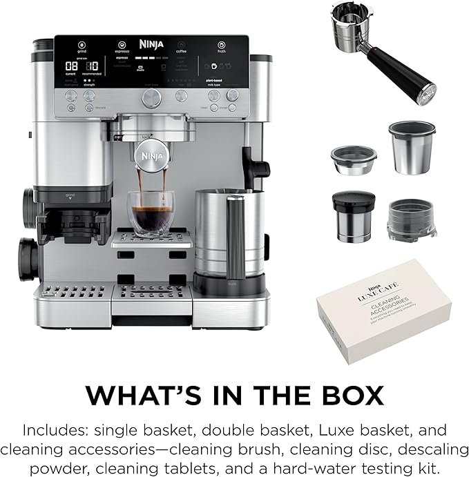 Ninja Luxe Café 3-in-1 Espresso, Drip Coffee and Cold Brew Machine | Intergrated Coffee Grinder, Milk Frother, Assisted Tamper & Built-In Espresso Accessory Storage | Stainless Steel | ES601