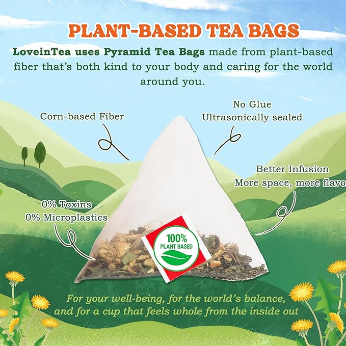LoveinTea Dandelion Herbal Tea Bags, Detox Tea, 100% Natural Vietnamese Dandelion Blend, Caffeine-Free, Plant-Based Pyramid Bags, 30 Count