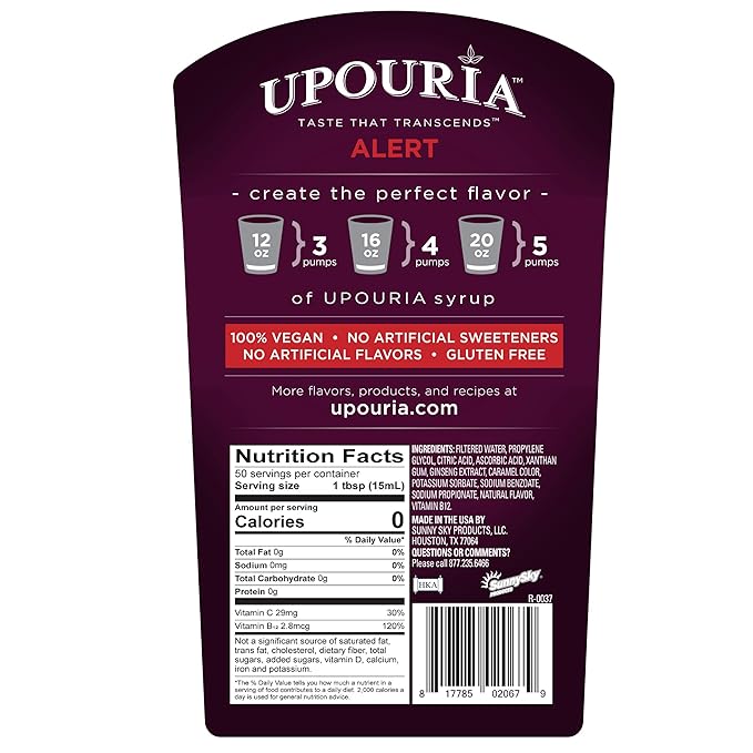 Upouria Alert Functional Syrup 100% Vegan and Gluten-Free, 750 mL Bottle - Coffee Syrup Pump Included