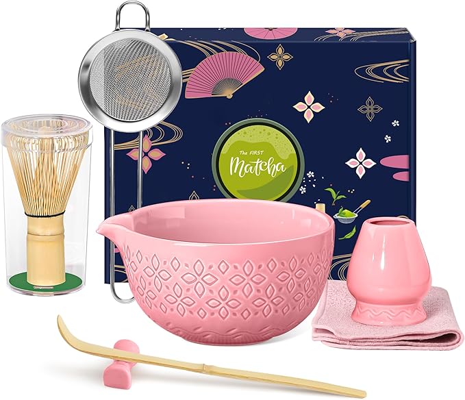 Matcha Whisk Set Matcha Kit - 7 Pcs Japanese Tea Set Includes Matcha Bowl with Spout,Bamboo Whisk with Ceramic Holder,Bamboo Scoop and Rest,Sifter,Tea Towel, for Ceremony Matcha Lovers Gift,Pink
