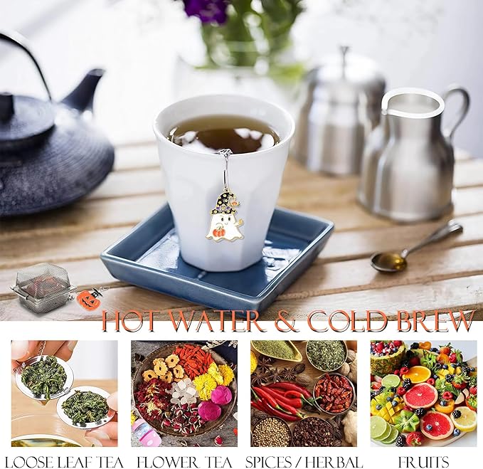 Cube Tea Infuser Set, 2 PCS TeaStrainers for Loose Tea, Halloween Theme Charm Pendant Tea Steeper, Tea Ball with Pumpkin & Ghost Pendant