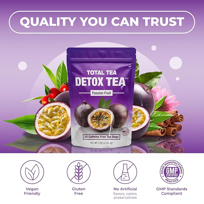 Total Tea SIimming Detox Tea Caffeine Free - 25 Day Detox - Herbal Tea with Chamomile, Hibiscus Tea & Ginger Root for Colon Cleanse – Natural Passion Fruit Tea