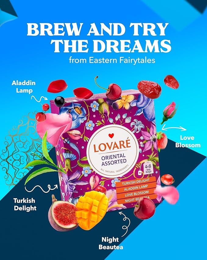 LOVARE Oriental Assorted Tea Variety Pack 32 Pack - Black tea blend, Made in Ukraine - Tea Bags Individually Wrapped - Turkish Delight, Aladdin Lamp, Love Blossom, Night Beautea - Assorted Tea Bags Variety Pack