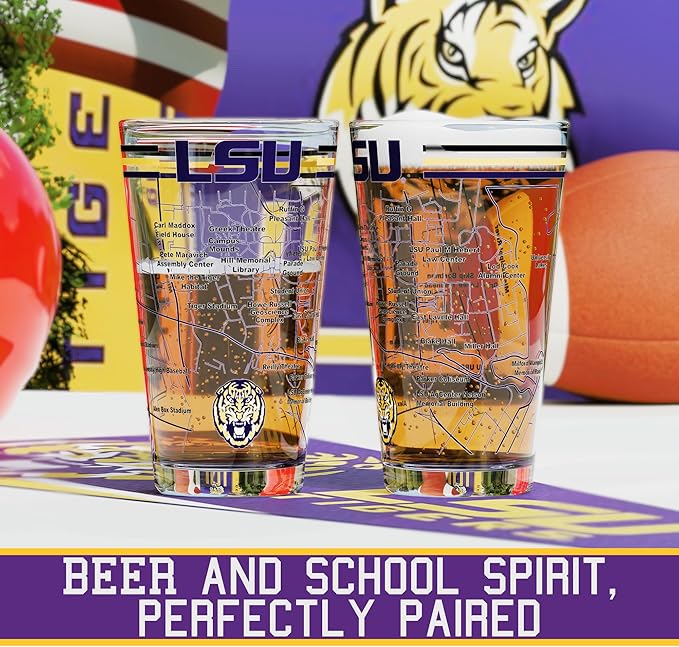 Greenline Goods – University of LSU Tigers College Pint Beer Glasses (Set of 2), 16 oz – Full-Color Logo + Campus Map