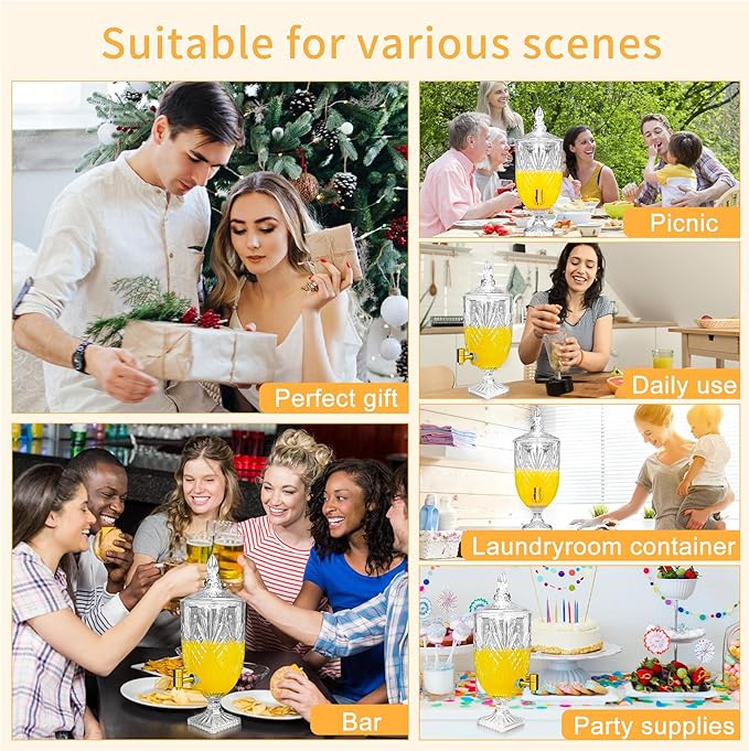 1.3 Gallon Glass Drink Dispenser, Glass Beverage Dispenser with Spigot for Party Bar Wedding, Crystal Collection Jug, Wide Mouth with Lid, Iced Beverage Dispensers (1.3gal colorful)