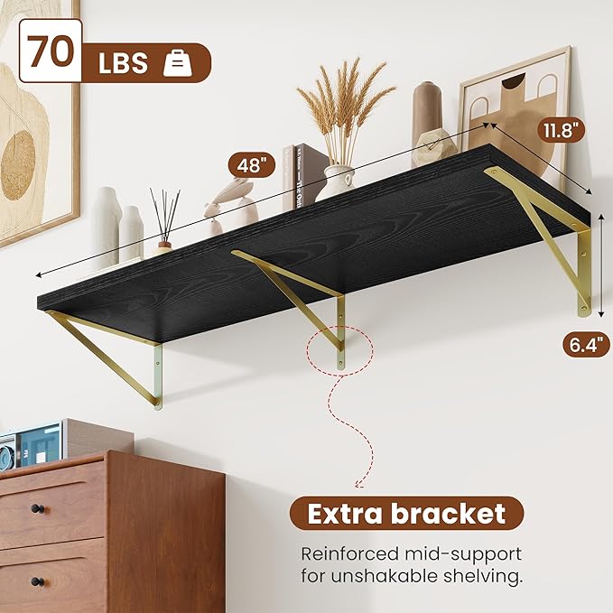 Deep Wall Shelves 48"W x 12"D Engineered Wood Floating Shelves for Wall, Sturdy Metal Bracket(Gold) Bookshelves Home Decor Storage for Living Room Bedroom Bathroom Kitchen, Set of 2, Black Finish