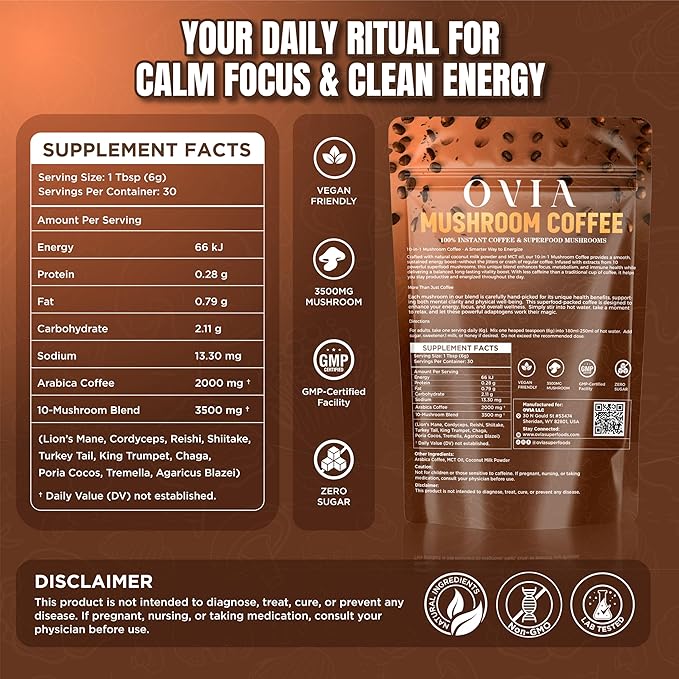 OVIA Natural 10 Mushroom Coffee with 3500mg for Weight Management, Focus & Gut Health - Daily Dose Ten Mushroom Coffee for Clean Energy - Low Caffeine Adaptogenic Instant Coffee with Lion’s Mane,Chaga