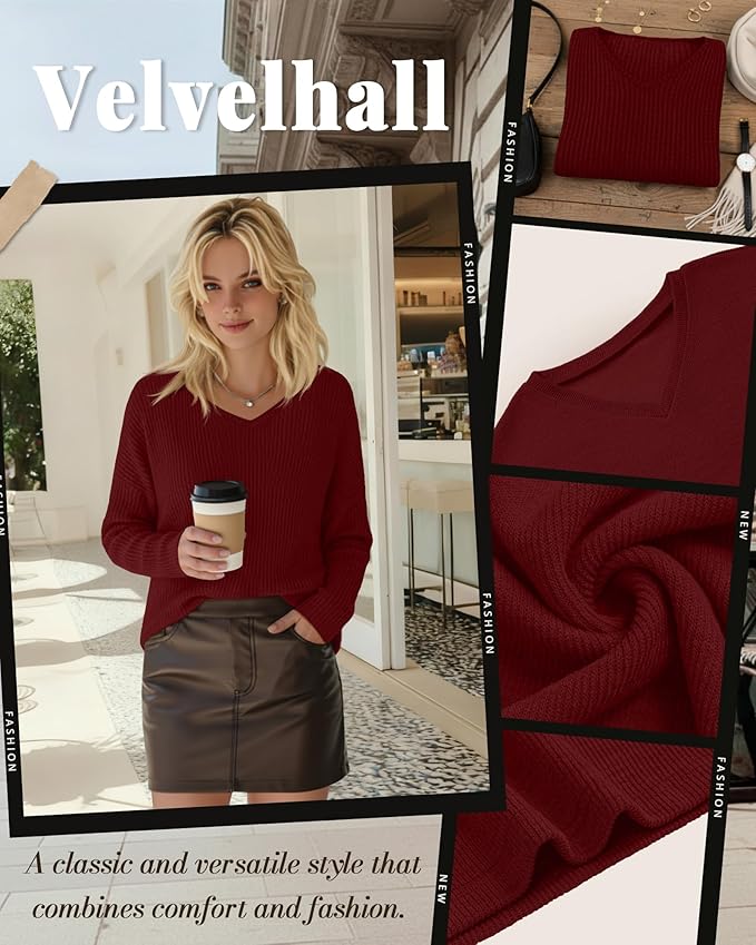 Women's V Neck Sweater Long Sleeve Knit Oversized Shirt Loose Lightweight Fall Casual Pullover Sweater Top