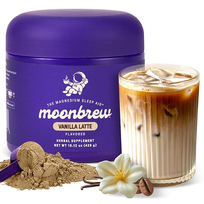 MoonBrew Nighttime Magnesium Vanilla Latte Mix, Natural Sleep Aid Drink Mix for Adults - Calming Melatonin-Free Sleep Support Powder with Magnesium Glycinate, L-Theanine, Chamomile & Zinc