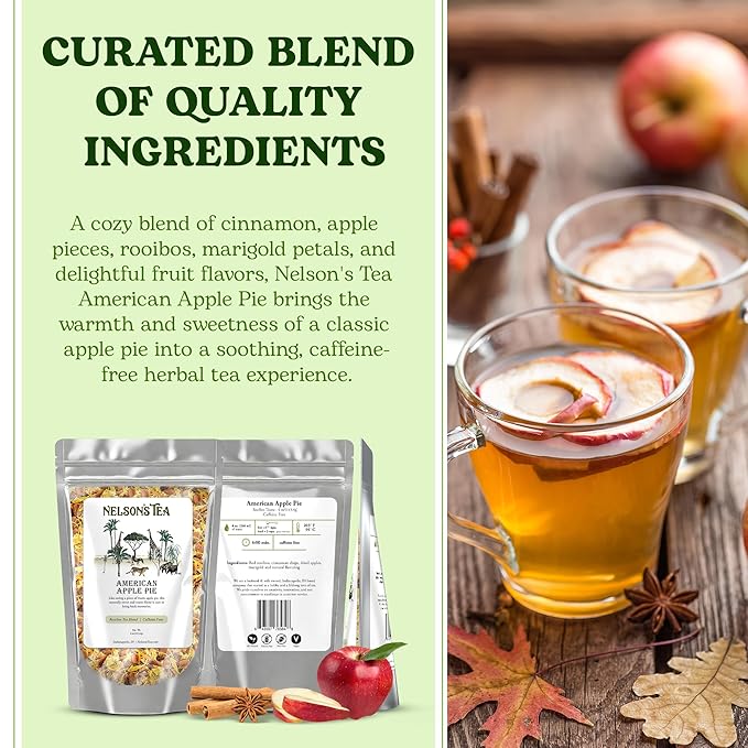 Nelson's Tea American Apple Pie - Caffeine Free, Herbal Loose Leaf Tea, Curated Blend with Cinnamon, Apple Pieces, Rooibos, and Marigold Petals - Perfect for Bedtime Brew (4 oz)