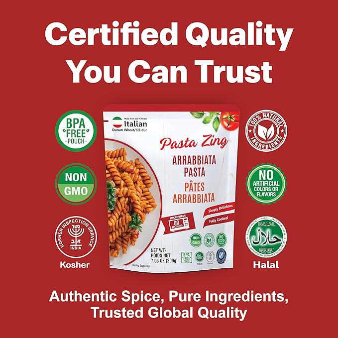 Pasta Zing Arrabbiata Pasta, Spicy Italian Al-Dente Fusilli, Ready in 1 Minute, Made with 100% Durum Wheat, 12.6g Protein 7g Fiber, Clean Label Shelf-Stable, 7.05 oz Pouch, Pack of 7
