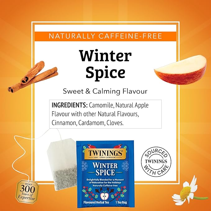 Twinings Winter Spice Herbal Tea Individually Wrapped, 20 Count (Pack of 6), Camomile, Apple, Cinnamon, & Clove, Caffeine-Free, Enjoy Hot or Iced, 120 Teabags