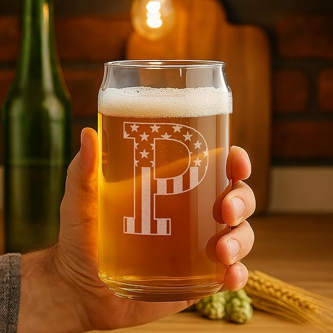 Monogram Beer Glasses for Men (A-Z) 16 oz - Beer Gifts for Men Brother Son Dad Neighbor - Unique Gifts for Him - Personalized Drinking Gift Beer Glass Mugs - Engraved Beer Can Glass (P)