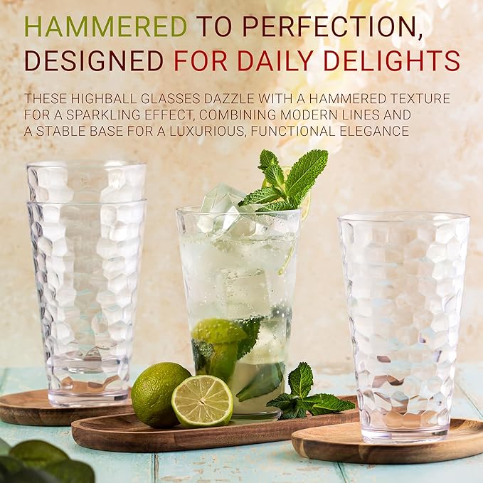 Hammered Plastic Drinking High Tumbler, Dishwasher-Safe Premium Quality Glasses, BPA-Free Reusable Outdoor Cups, 22 oz Set of 10