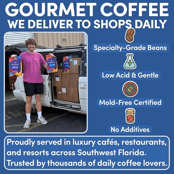 Sarasota Coffee Whole Bean Espresso | Dark Roast Gourmet Coffee Beans | Low Acid, Mold Free, Specialty Grade Bulk Beans | 5lb (80 oz)