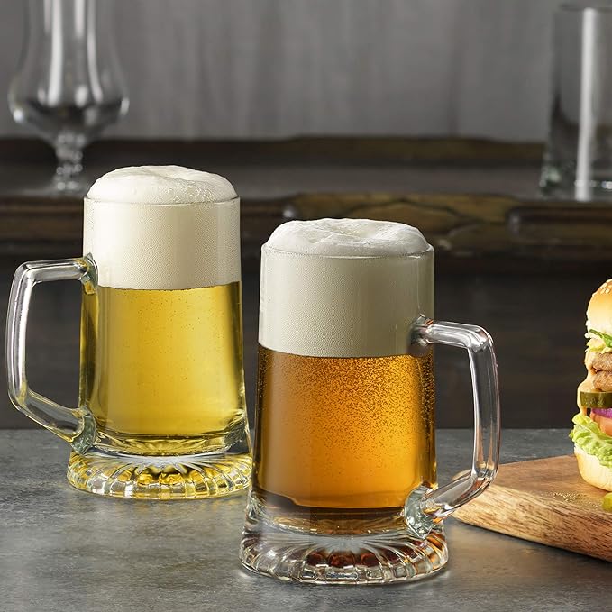 Bormioli Rocco 4-Pack Solid Heavy Large Beer Glasses with Handle - 17.1/4 Ounce Glass Steins, Traditional Beer Mug glasses Set, Perfect Coffee - Tea Glass, Everyday Drinking Glasses, Cocktail Glasses