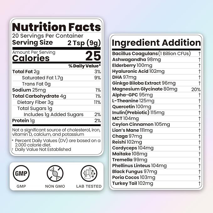23 in 1 Superfood Coffee Creamer, Mushroom Coconut Creamer | Ashwagandha, Magnesium Glycinate, Hyaluronic Acid, MCT & 10 Mushrooms Supplement | Nootropic & Focus Support | Plant-Based, Keto - 6.35oz