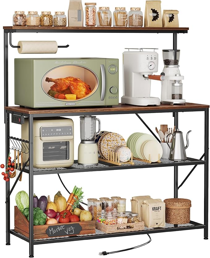 Huuger 4-Tier Bakers Rack with Reversible Power Outlet, 39.4 Inch Microwave Stand, Kitchen Bar, with Top Shelf, 6 S Hooks, White