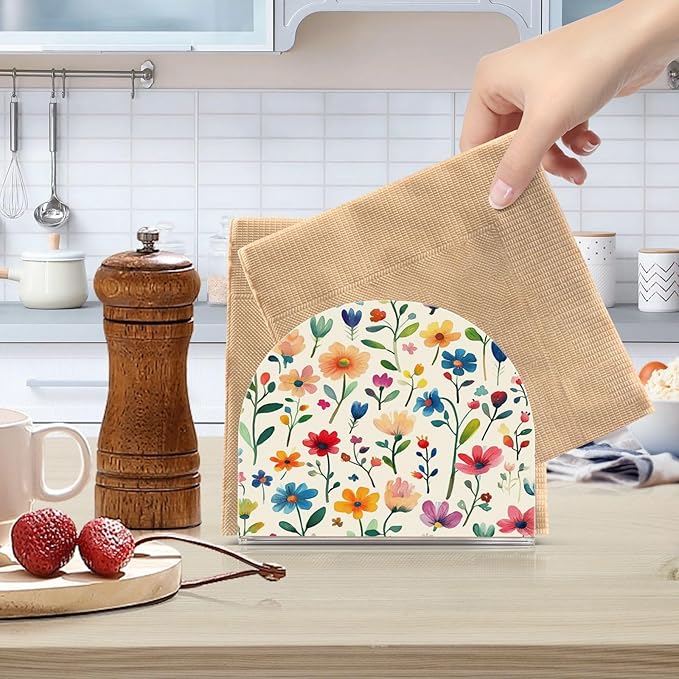 Vintage Colourful Flowers Napkin Holder for Table Paper Cocktail Napkin Holders for Kitchen Dinning Acrylic Dinner Napkin Dispenser for Dinner Home Decor Bar 2 Pack