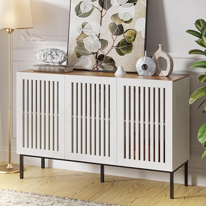 47" Farmhouse Buffet Cabinet with Metal Base, Adjustable Shelves & 3 Doors, Antique White Storage Sideboard for Kitchen, Dining & Living Room