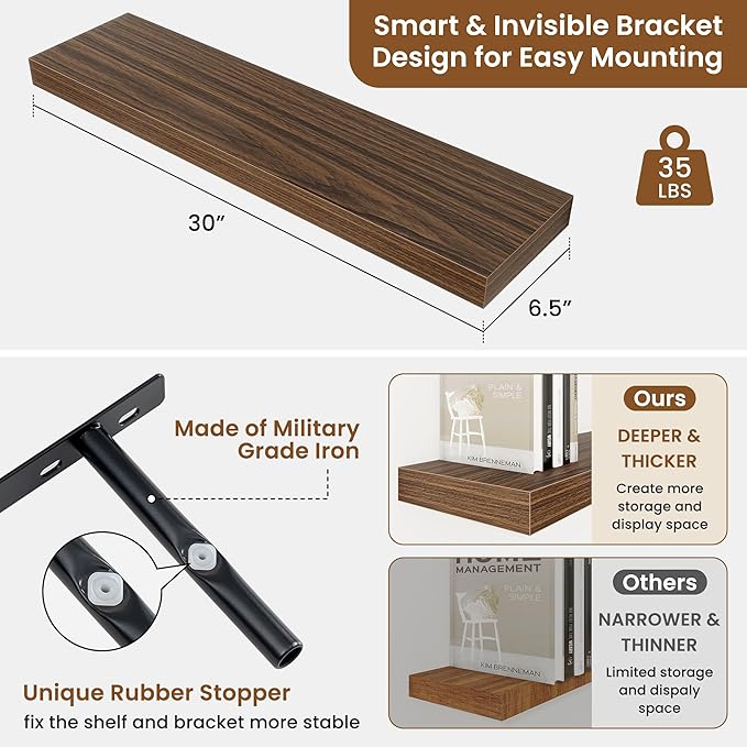 fuqing Floating Shelves for Wall, Wall Mounted Wood Floating Shelf with Invisible Brackets for Living Room, Bathroom, Bedroom, Kitchen Storage and Decor, 30 Inch Set of 2, Walnut