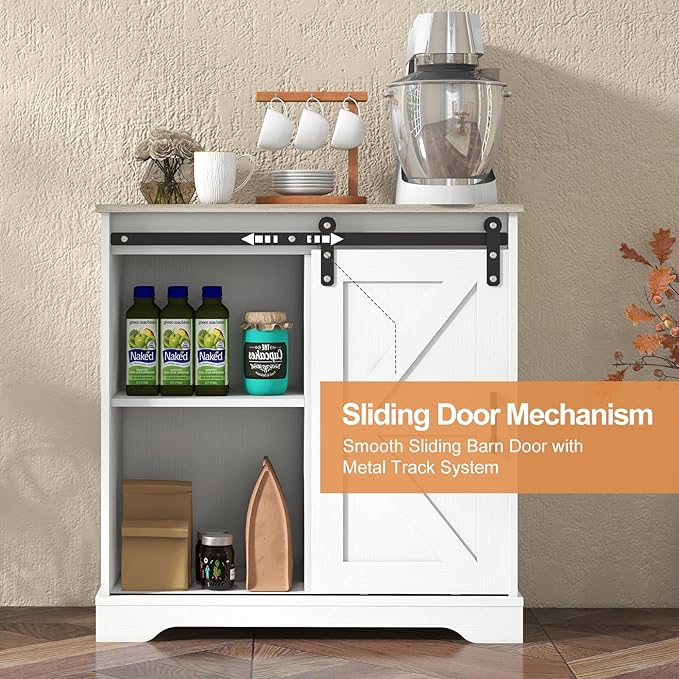 Panana Sliding Barn Door Buffet Sideboard Storage Cabinet Coffee Bar Kitchen Farmhouse Style (White Cabinet Nature Top)