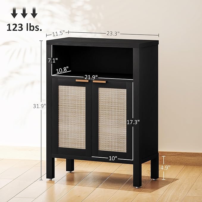 HOMCOM Rattan Sideboard Buffet Cabinet with Storage, Modern Accent Cabinet with 2 Doors and Adjustable Shelf, Freestanding Buffet Table for Entryway Living Room, Distressed Black