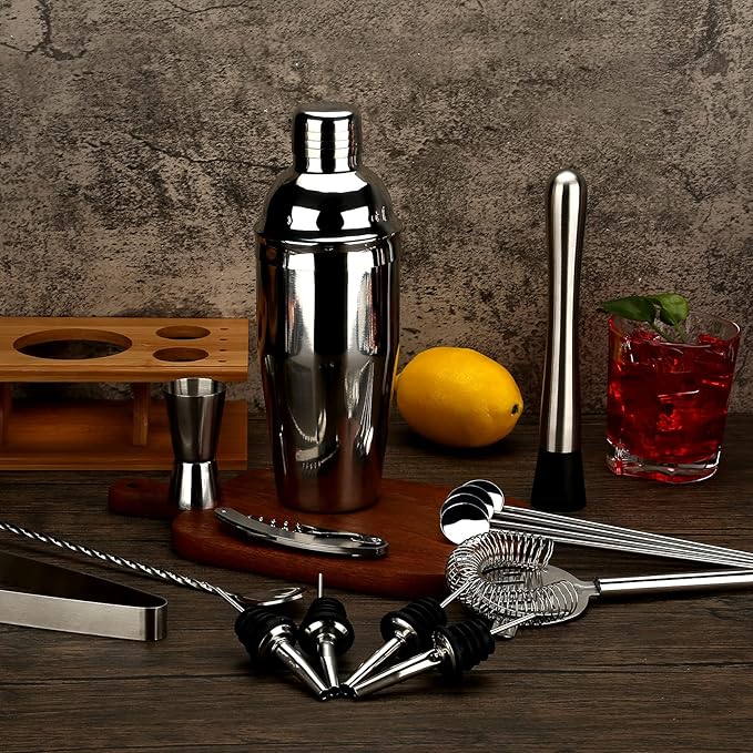 25 oz Cocktail Shaker Set 16 Pcs Mixology Bartender Kit with Stand - Professional Stainless Steel Bartending Kit - Perfect Home Bar Tool Gift Set for Drink Mixing (Silver)