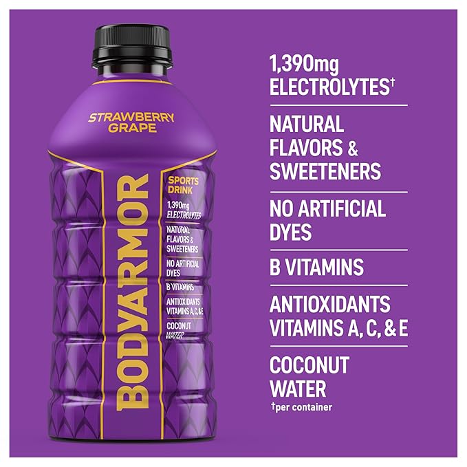 BODYARMOR Sports Drink, Strawberry Grape, Electrolyte Drink Hydration, 28 Fl Oz Bottles (15 Pack), Flavored Coconut Water with B Vitamins & Antioxidants