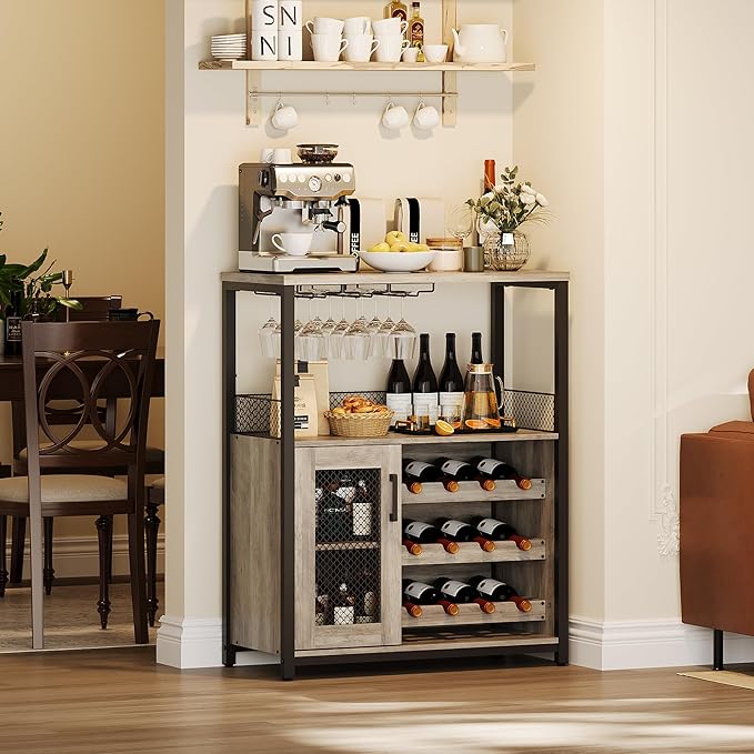 GarveeHome 3-Tier Wine Bar Cabinet with LED Lights & Wine Rack, Liquor Cabinet with Storage, Coffee Bar Cabinet with Glass Holder & Mesh Door, Sideboard Buffet Bar for Living Room, Dining Room, Grey