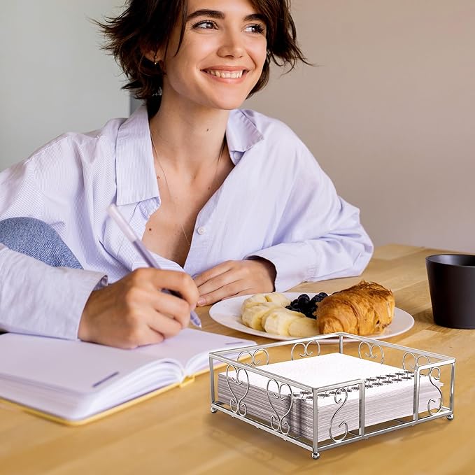 Flat Napkin Holder for Table – Silver Square Dispenser for Paper Napkins, Modern Metal Caddy for Kitchen or Dining, Iron Weighted Organizer, Kitchen Dining Room Decor 7.4 x 7.4 Inch