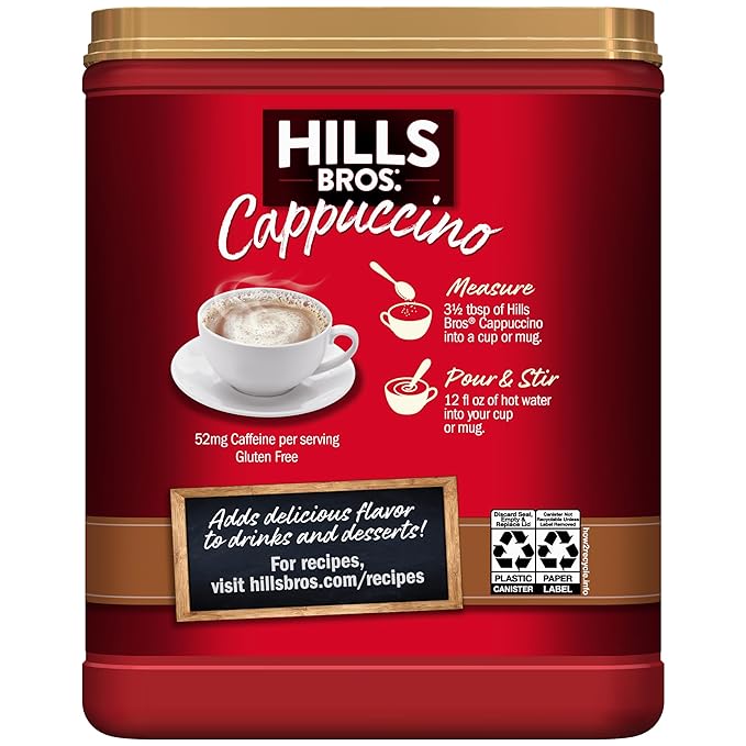 Hills Bros. Instant Cappuccino Mix, English Toffee (16 Oz, Pack of 1) – Convenient and Versatile, Instant Hot or Iced Coffee, Frothy & Rich English Toffee Flavor - Just Add Water
