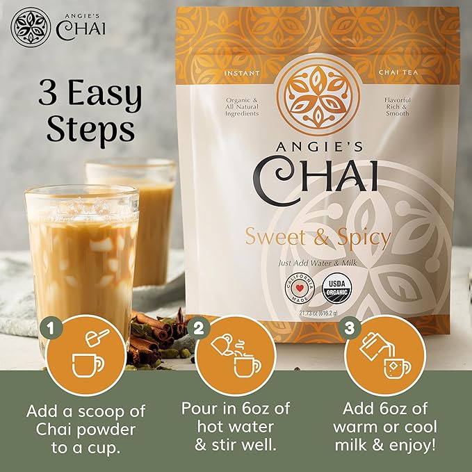 Angie's Chai Sweet & Spicy Organic Instant Chai Tea Powder - Made in USA, Delicious Spiced Chai Powder Mix, 30 Servings, 80 Calories, Handcrafted, Free of Artificial Ingredients, Natural Indian Spice