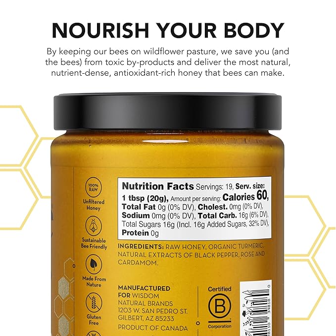 Drizzle Turmeric Gold Raw Honey - All Natural Pure Raw Honey with Organic Turmeric, Unfiltered, Use in Tea, Golden Milk, & Coffee, Sugar Substitute, Certified Kosher - 13.2 oz Jar (375 g), Pack of 2