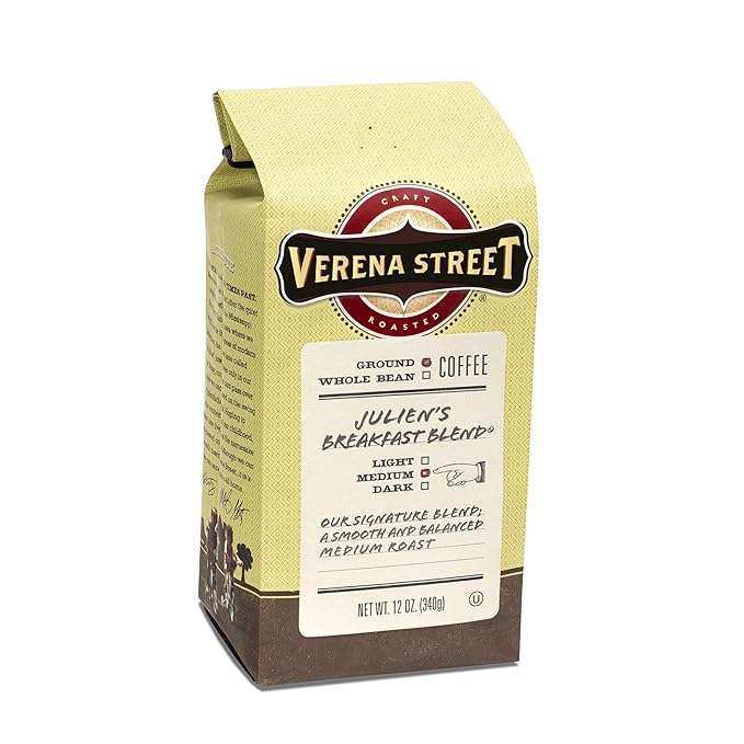 Verena Street 12 Ounce Ground Coffee, Medium Roast, Julien's Breakfast Blend, Rainforest Alliance Certified Arabica Coffee