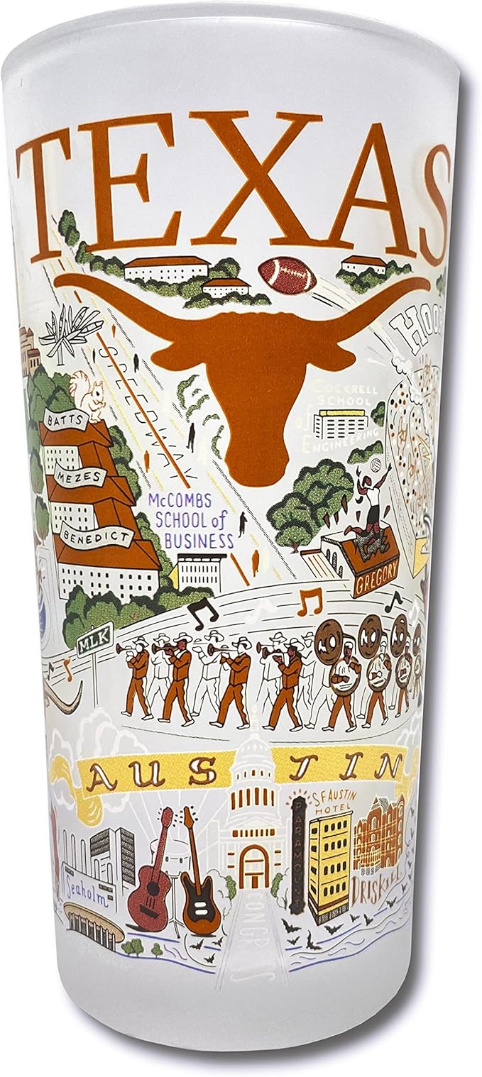 Catstudio Drinking Glass, University of Texas Glass Cup for Kitchen, 15oz Dishwasher Safe Tumbler for UT Alumni