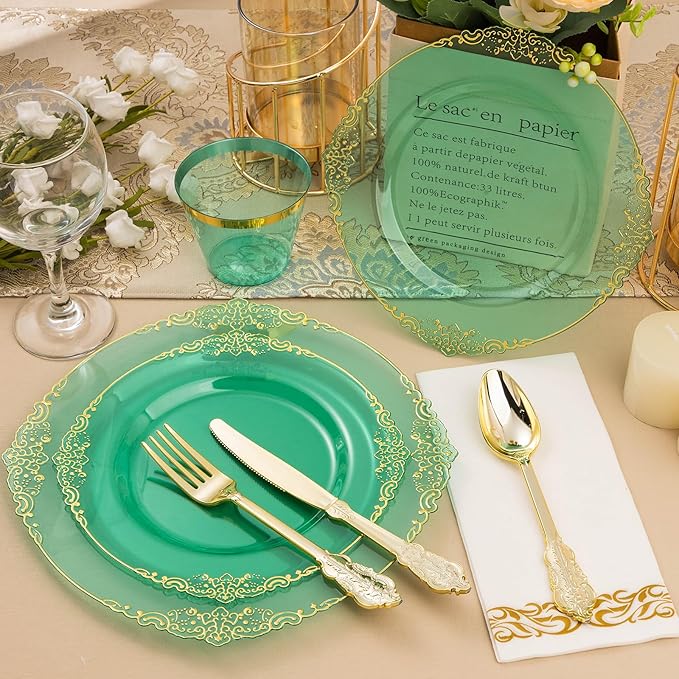 350PCS Clear Green Plastic Plates for 50 Guests, Disposable Plates with Gold Trim include 100 Dinner Plates, 150 Gold Silverware, 50 Cups, 50 Napkins for Party, Wedding and Graduation
