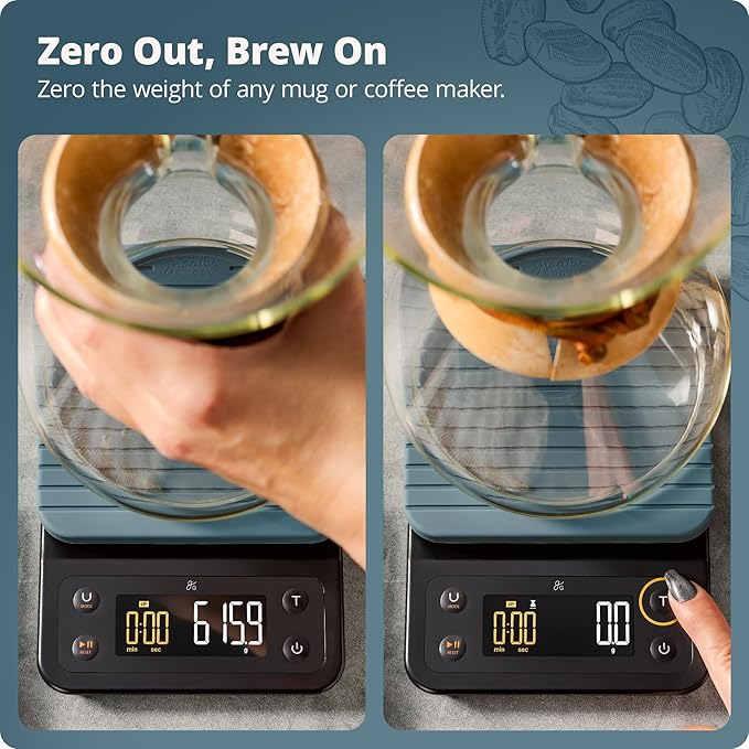 Greater Goods Digital Coffee Scale with Timer – Accurate 0.1g Precision, Multi-Color Display, Waterproof & Heat-Resistant Cover, for Pour-Over, Espresso, French Press, and Kitchen Use (Stone Blue)