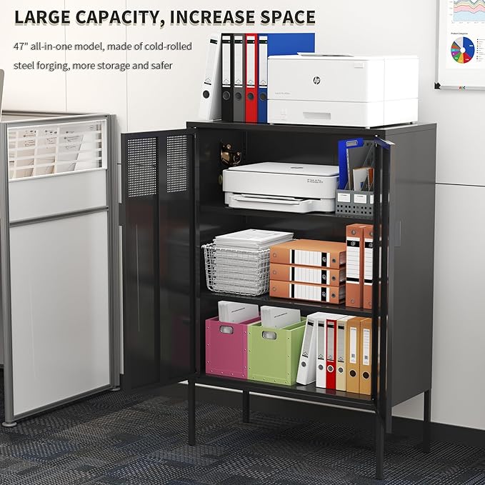 Black Metal Storage Cabinet with 2 Doors - 47''H Locker Cabinet, 3 Tier Locker with Adjustable Shelves,Office Storage Locker for Office, Home, Living Room, Kitchen