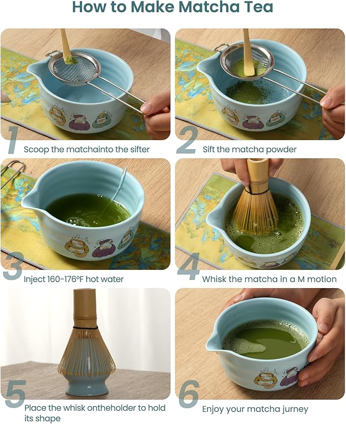 Matcha Whisk Set, 18OZ 7 Pcs Japanese Matcha Kit Includes Matcha Bowl with Spout, Bamboo Whisk, Chasen Holder, Stainless Sifter, Scoop and Rest, Tea Towel, Matcha Tea Set Home Kitchen Christmas