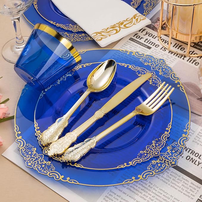 700PCS Clear Blue Plastic Plates for 100 Guests, Disposable Plates with Gold Trim include 100 Dinner plates, 100 Dessert Plates, 100 Gold Silverware, Cups and Napkins for Party, Graduation