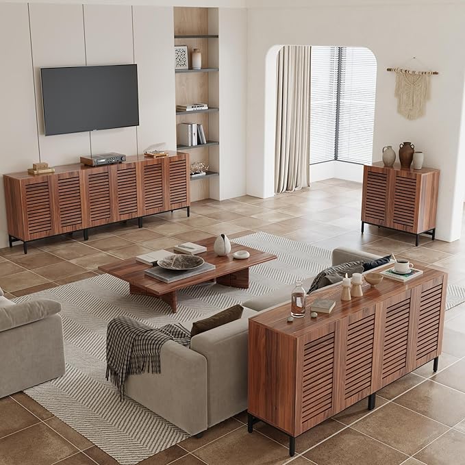 JOMEED Buffet Sideboard Cabinet with Grille-Striped Doors & Adjustable Shelf, Wood Storage Cabinet for Kitchen, Dining Room, Living Room, Entryway Walnut